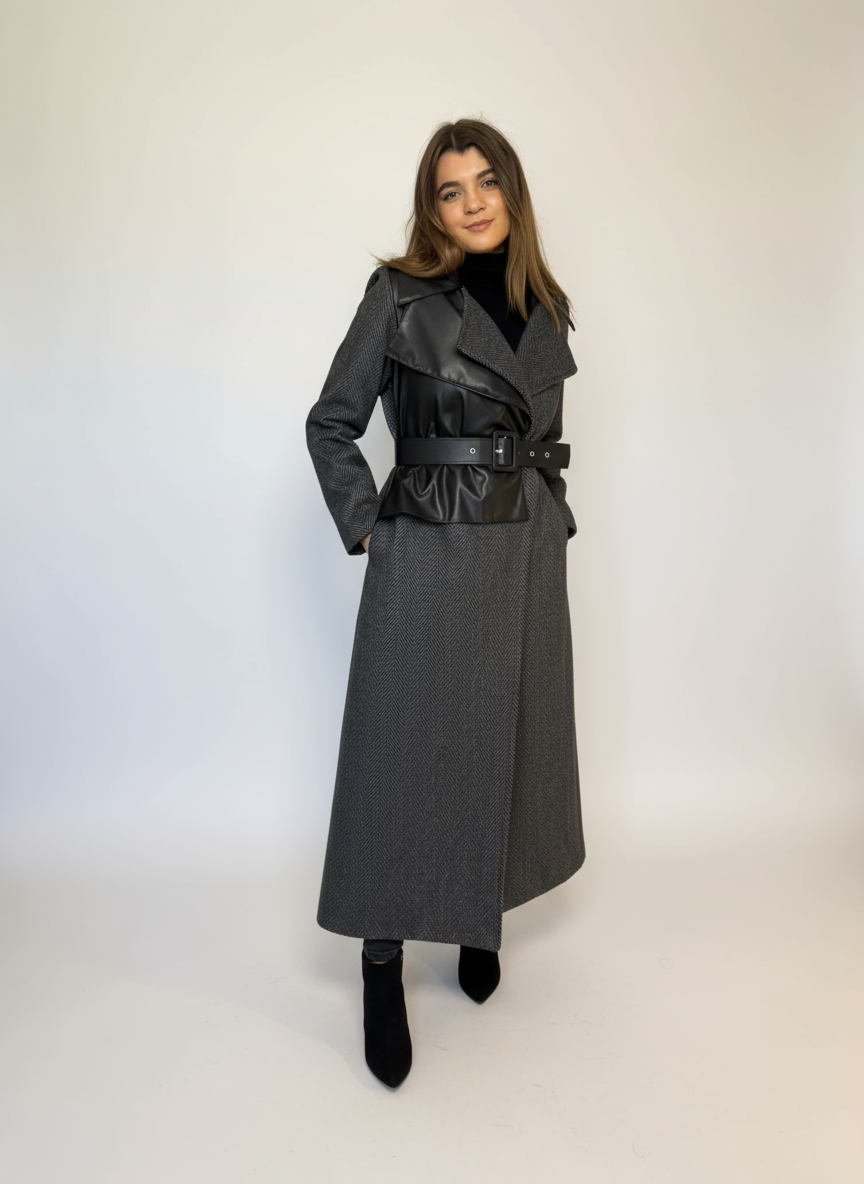 Manteau &agrave; chevrons et empi&egrave;cement en cuir &ndash; Image 5