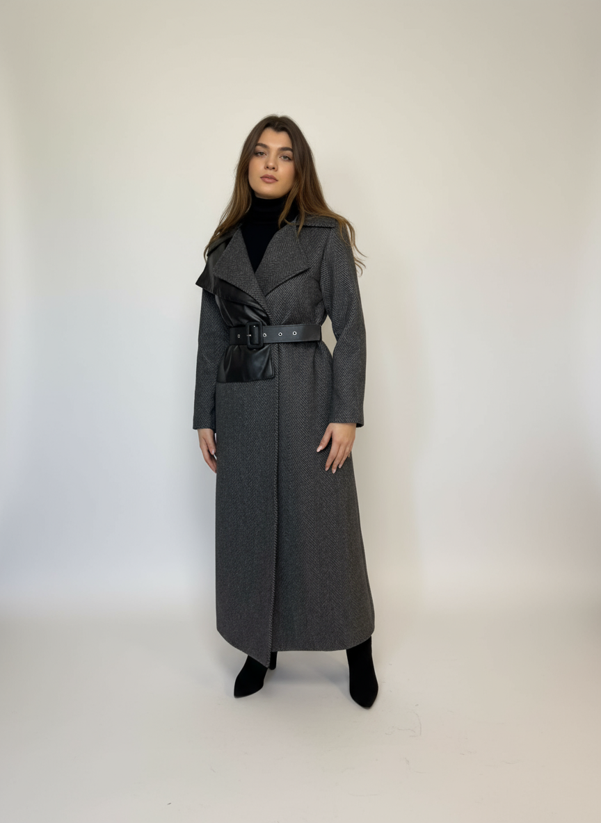 Manteau &agrave; chevrons et empi&egrave;cement en cuir